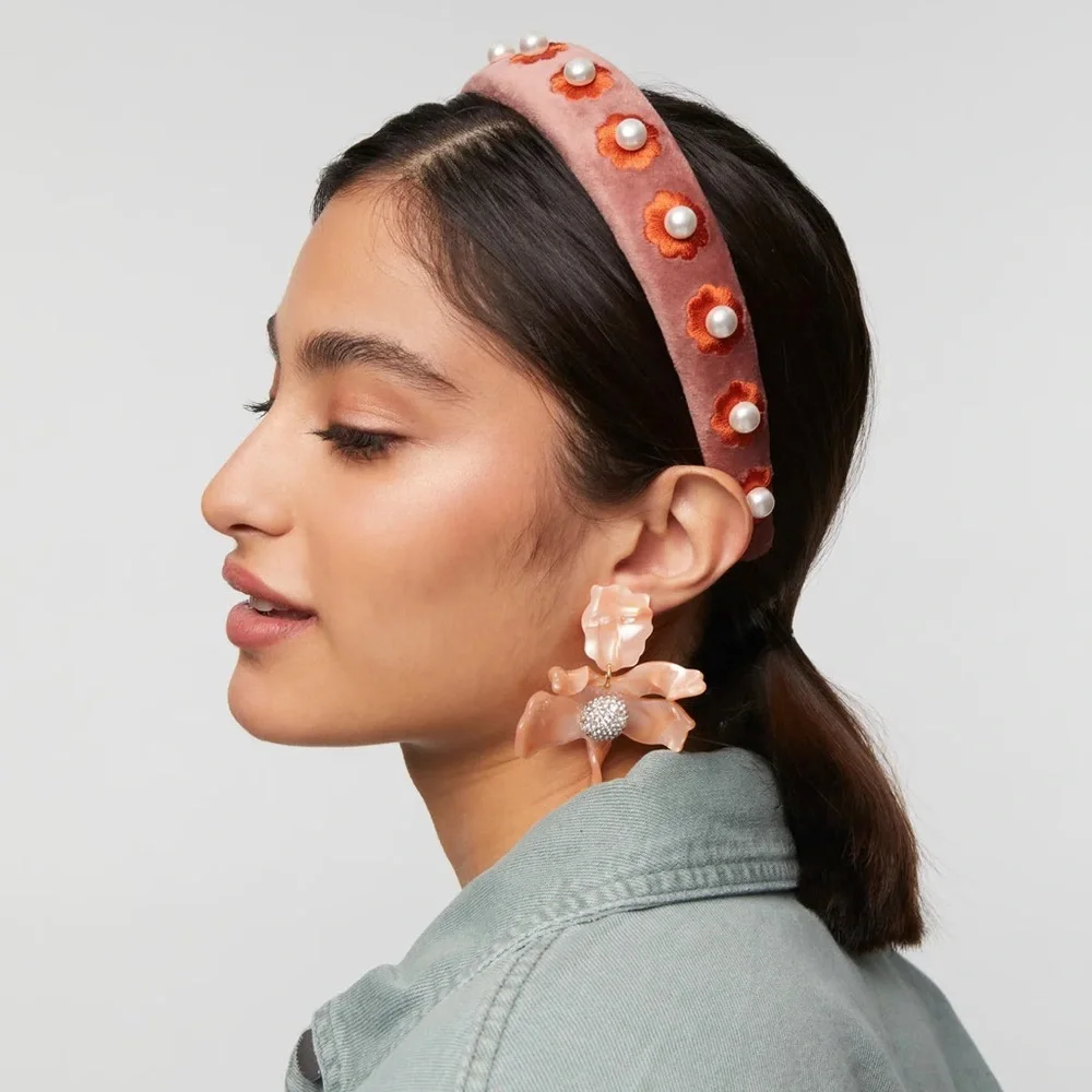 Lele Sadoughi Dusty Rose Pearl Flower Alice Headband $150